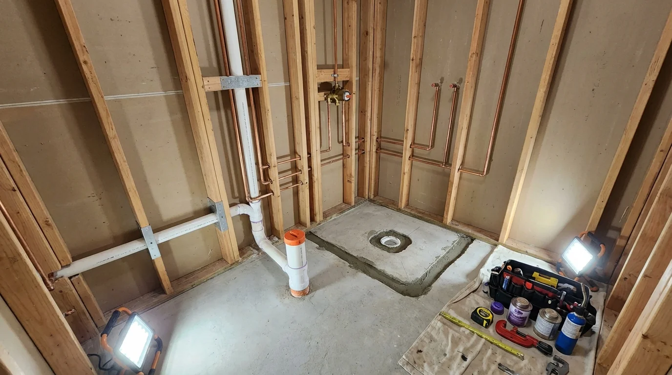 Bathroom rough-in plumbing during remodel by Johns Plumbing LLC in Conyngham